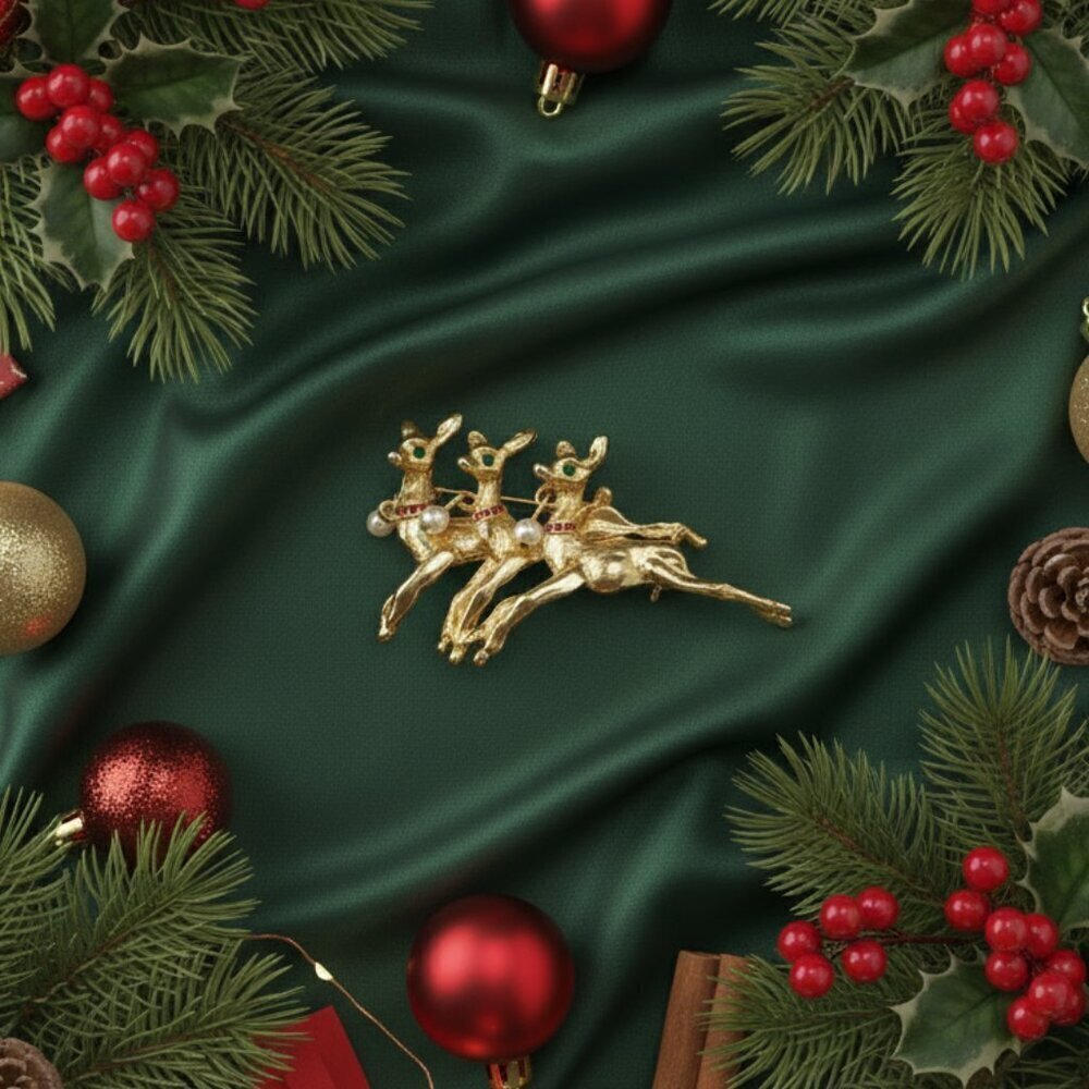 VINTAGE AAI Reindeer Brooch Pin | Trio of Leaping Deer Gold Tone Faux Pearl C41 - Picture 4 of 8